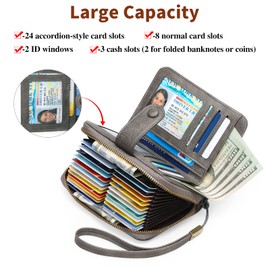 GAEKEAO Leather Credit Card Holder Wallet for Women RFID Blocking Large Capacity Bifold Zipper Card Case Organizer with Wristlet 32 Slots, A05 Grey Black