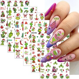 6 Sheets Christmas Grinch Nail Stickers for Nail Art - SHANRUN Cute Cartoon 3D Nail Art Stickers Self-Adhesive Sliders Nail Decals Supplies for Xmas Nail Tips DIY Press on Nails Decoration Accessories
