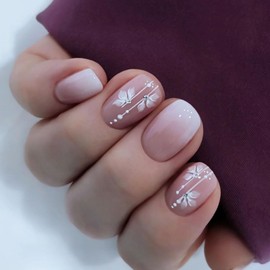 Press on Nails Short Square SWEKKE French Tip Fake Nails Gradient Pink Full Cover Flower False Nails with Designs Rhinestones Glossy Glue on Nails Manicure Artificial Nails for Women Girls 24Pcs