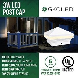 GKOLED Low Voltage Pyramid Post Cap Light, Post Caps for 4"x4" and 3.5"x3.5" Wood or Vinyl Posts, for Deck Fence, 3W 12V AC/DC 3000K, IP65 Waterproof for Outdoor, White