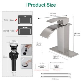 VOTON Waterfall Bathroom Faucets Brushed Nickel Modern Single Handle Sink Faucet for 1 or 3 Holes with Deck Plate and Pop-Up Drain, Rv Sink Camper Farmhouse Faucet