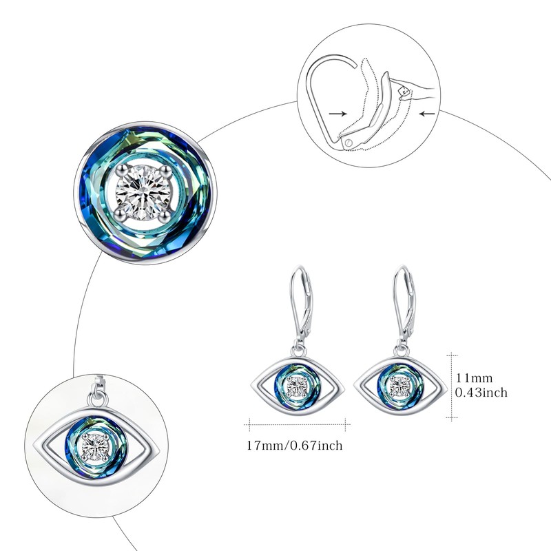 Evil Eye Earrings 925 Sterling Silver Blue Crystal Evil Eye