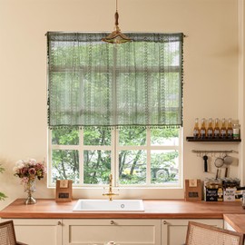 Sutuo Home Olive Green Boho Valance Curtains Crochet Lace Sheer Bohemian Hollow Knitted with Tassels, Privacy Vintage French Retro Farmhouse Tier for Kitchen Bedroom, Rod Pocket 1 Panel 59" W x 24" L