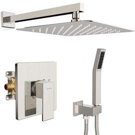 SR SUN RISE Shower Faucet Set & System - 12 Inch Rainfall Shower Head & Handle Set Wall Mounted Brushed Nickel Solid Brass Valve Trim Kit Included