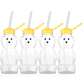 4 botellas de oso de jugo, botellas de oso de miel de plástico, reutilizables con 4 pajitas de silicona suave para suministros diarios para beber