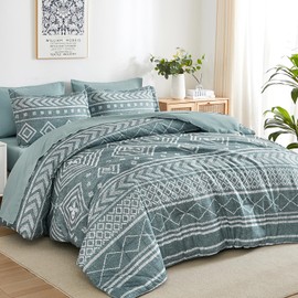 Yiran Boho Aztec Comforter Set Queen Size, Grayish Blue Comforter Bedding Set, 7 Piece Bed in a Bag, Soft Microfiber Bohemian Striped Complete Bedding Set with Sheets for All Season
