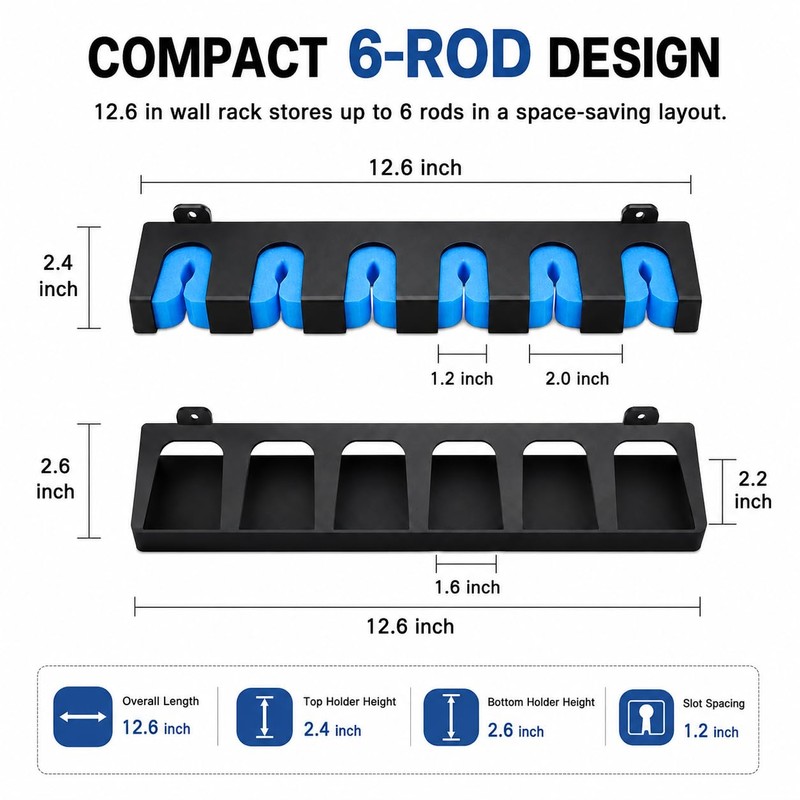 Fishing Rod Holder Wall Mount Rack Organizer, Holds 6 Rods