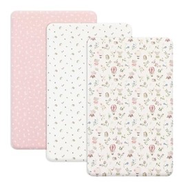 PHF - Paquete de 3 sábanas suaves para cuna, diseño floral y animal Pack N Play para bebés y niñas, antideslizante, ajuste universal para Pack N Play, juegos de corral, colchones portátiles y mini
