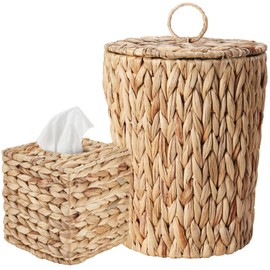 2.4 Gallon Wicker Trash Can with Lid and Square Wicker Tissue Box Cover, Boho Decorative Handwoven Water Hyacinth Rattan Bedroom Bathroom Living Room Accessories Decor (Natural)