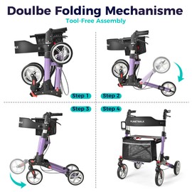 PLANET WALK Double Folding Rollator Walker for Seniors - Lightweight Aluminum Frame with 300 lb Capacity, 8" All-Terrain Wheels, 6-Level Adjustable Height Rolling Walker with Travel Bag - Purple