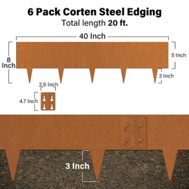 Corten Steel Landscape Edging 8" H x 40" L, 6 Pack Heavy Duty Metal Garden Edging, 20Ft Pre-Rustyed Steel Edging, Bendable Metal Edging for Landscaping, Yard, Tree, Flower Bed