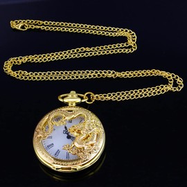 Alwesam Gold Dragon Design Quartz Pocket Watch Roman Numerals with Chain Birthdays Gifts for Father's Days