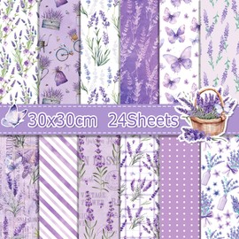 24 Sheets Lavender Scrapbook Paper Lavender Pattern Paper with 12 Unique Designs 12"x12" Watercolor Butterfly Floral Flower Double-Sided Scrapbook Papers for DIY Card Making