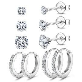 Dochais 5 Pairs of 316L Surgical Steel Earrings, Silver Set, Hoop Earrings, Small, 10 mm 12 mm, Hypoallergenic Stud Earrings, Cubic Zirconia Ball, Sleeping Cartilage, Huggie Hoop Earrings for Men and