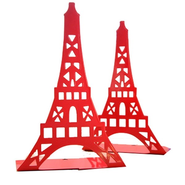 1 Pair Cute Eiffel Tower Bookend Design Bookends for Shelves Desk Holder Book Organizer Metal Decorative Book End (Red)
