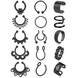 Rajnard Fake nasenpiercing Ohr Manschette schwarz Nicht Piercing Clip auf Knorpel Ohrringe Edelstahl Piercing Cartilage Nasen Septum Hoop für Männer Damen 15pcs