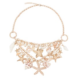 PH PandaHall Mermaid Shell Necklace Trendy Natural Shell Bib Beach Necklaces Starfish Conch Mermaid Costume Accessories with Chains and Clasps Mermaid Costume Jewelry for Women, Golden,19.6"