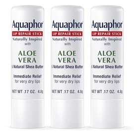 Aquaphor Barra de reparación de labios de inspiración natural con aloe vera y manteca de karité natural, bálsamo labial hidratante alivia inmediatamente la sequedad y alivia los labios agrietados, barra de 0.17 onzas, paquete de 3