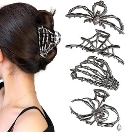 4 Piezas Pinzas Para Cabello Estilo Punk Con Strass, Diseños De Araña Telaraña y Mano Esquelética, Accesorios Góticos Para Mujer y Niñas Fiesta Evento