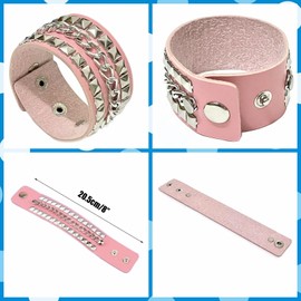 Tosmifairy 3PCS Mens PU Leather Bracelets Set Studded Wrap Wrist Cuffs Punk Rock Y2K Emo Wide Wristband Accessories for Women (Pink)