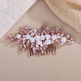 Teyglen Flower Rhinestone Wedding Hair Comb Floral Crystal Hair Piece Pink Crystal Hair Side Comb Flower Bridal Headpiece Hair Accessories for Women (Pink)