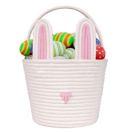Easter Basket Empty Bunny Egg Baskets With Handle And Ears Easter Gifts Cute Woven Basket (pink)