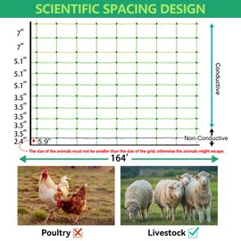 Electric Fence Netting, 49.6" H x 164' L, Portable Livestock Nets Mesh for Hog, Dogs, Deer, Goats, Larger Animals Electric Fencing for Backyards, Homesteaders, Farms, Ranches, Gardens