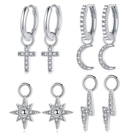 CERSLIMO Silver Dangle Hoop Earrings for Womens Girls - 2 Pairs Silver Earrings & 4 Pairs Silver Dangle Pendants | S925 Sterling Silver Earrings Cross Moon Lightning Eight-pointed Star Dangly Earrings