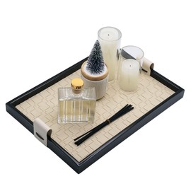 Modern Luxury 16"x11" Woven Leather and Wooden Rectangle Tray - Jewelry Tray, Vanity Tray, Decorative Tray, Catchall Tray, Serving Tray, and for All Occasions by Curated Collectives (Beige, Large)