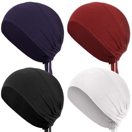 4 Pieces Women Under Scarf Hat Hijab Cap Islamic Muslim Under Scarf Turban Beanie Cap (Black, White, Red, Blue)