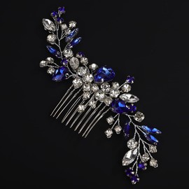 Rumtock Blue Hair Comb with Rhinestones Beads Silver Hair Piece Side Headpiece for Wedding Brides (Blue)