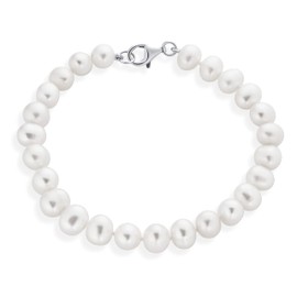 Traditional Classic Simple Bridal Genuine 7.5-8 MM White Freshwater Cultured Pearl Hand Knotted Strand Bracelet For Women For Teen .925 Sterling Silver 7.5 Inch