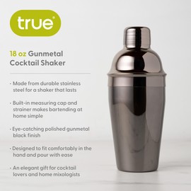 True Black Cocktail Shaker - Drink Shaker for Margarita, Mojito, Martini, Old Fashion and Bar Cocktails - 18 Oz Stainless Steel Cobbler Shaker with Lid & Strainer