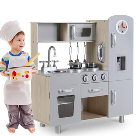 MAMIZO Kids Kitchen Playset, Preschool Cooking Kitchen, Toddler Wooden Pretend Play Toy w/Fridge, Stove, Cookware Utensil, Phone, Clock, Water Dispenser, Cabinet, Little Chef Toy Kitchen Set (Gray)
