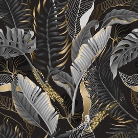 MuralPeel Black Gold Tropical Plant Leaf Modern Dark/Black/Grey Peel and Stick Wallpaper Self Adhesive Removable Easy Peel Off Contact Stick on Wall Paper for Bedroom Renter