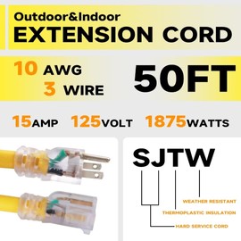 GREATIDE 50 Ft Lighted Outdoor Extension Cord - 10/3 SJTW Heavy Duty Yellow Extension Cable with 3 Prong Grounded Plug for Safety, UL Listed