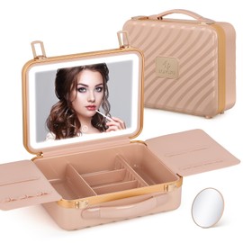 Longyu Travel Makeup Case With Light Up Mirror Portable Organizer and Train Case for Makeup Artists and Hairstylists with 5x Mirror (Pink)