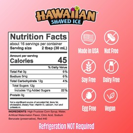 Hawaiian Shaved Ice Syrup Pint, Watermelon Flavor, Great For Slushies, Italian Soda, Popsicles, & More, No Refrigeration Needed, Contains No Nuts, Soy, Wheat, Dairy, Starch, Flour, or Egg Products