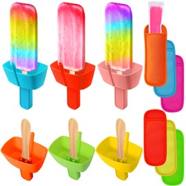 AIERSA 12pcs Popsicle Holders and Ice Pop Sleeves Set for kids No Drip, Silicone Popsicle Holder with Straw and Reusable Neopreneee Freeze Popsicle Sleeves for Toddlers Mess Free, No Freezing Hands