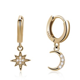 Gold Moon and Star Earrings Huggie Hoop Earrings 925 Sterling Silver Hoop Earrings Handmade Drop Dangle Earrings for Women Girls