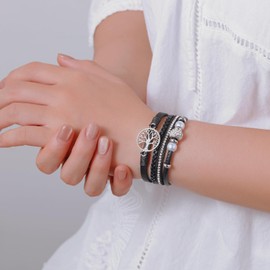 4-in-1 Tree of Life Leather Bracelets Charm Braided Rhinestone Beaded Strands Stackable Boho Wrap Bracelet with Magnetic Closure Christmas Gift Inspirational Spiritual Jewelry for Women(Black)