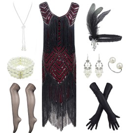 Women 1920s Gatsby V-Neck Sequin Art Deco Flapper Dress with 20s Accessories Set (L, Style 3 Black Red)