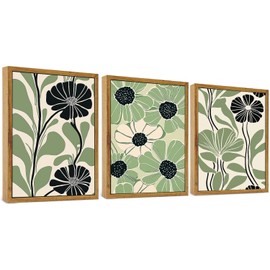 ARTZIO Boho Wall Art Set of 3PCS 8x10 Inch Abstract Floral Canvas Prints, Minimalist Green Botanical Decor for Bedroom/Living Room/Office, Farmhouse Chic Aesthetic, Ready to Hang