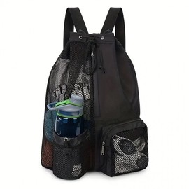 Gray Mesh Drawstring Swimming Backpack Free Size/Black 4ea
