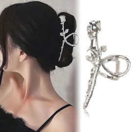 HIFANMM Flower Hair Clips Metal Alloy Hair Accessories for Women Girls, Silver Rose Hair Claw Clips Fashion Spring Summer Hairpins Shark Strong Hold Non Slip Large Jaw Hair Claw Clip 1 Pcs