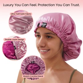 Satin Bonnet for Women, XL Reversable Beanie for Various Hair Types, Satin Sleeping Cap with Adjustable Strap, 2-Tone 2-Layer (Pink)