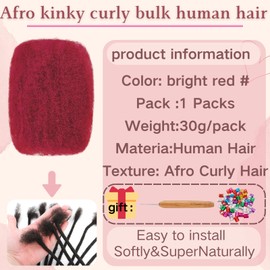 Afro Kinkys Bulk Human Hair for Dreadlock Extensions,Repair Locs, Twists and Braids, 30 Gram Each Package Afro Kinky Bulk 100% Human Hair for Locs (bright red#, 8inch)