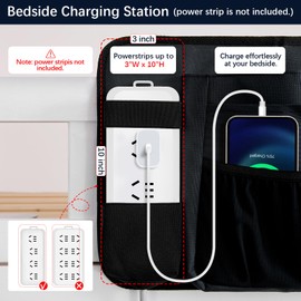 WOMACO Bedside Caddy with Power Strip Pocket, Heavy Duty Bunk Bed Caddy Organizer, Hanging Bed Side Storage Caddy with Powerstrip Holder for Dorm, Hospital, Loft Bed (Black)