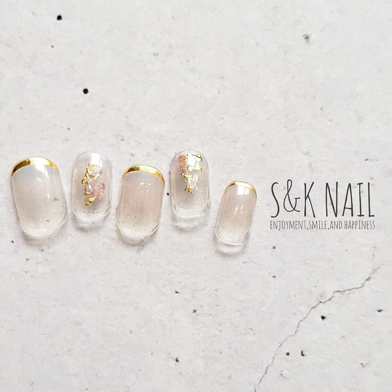 S&K NAIL Gel Nail Stickers, Gold French & Bijou, Short,