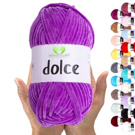 MeriWoolArt Chenille Yarn for Knitting and Crocheting Purple - 100 g and 120 m Velvet Wool - 100% Fluffy Polyester Knitting Yarn for Amigurumi Cushions Blankets Soft Clothing Gifts